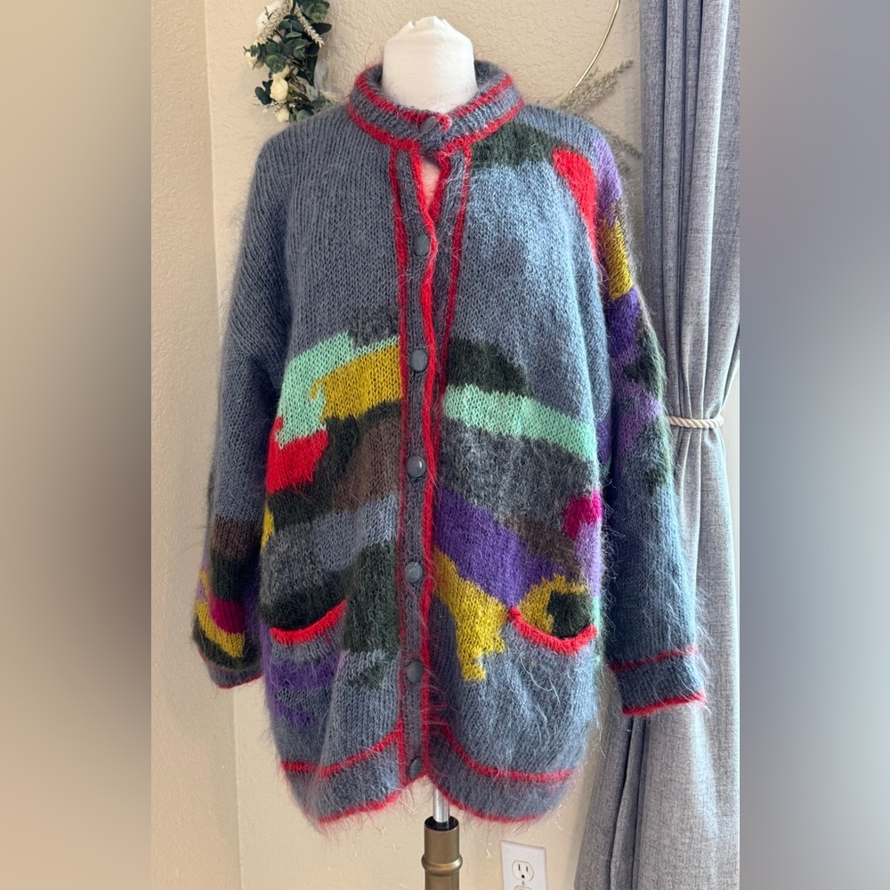 Vintage 1980's Norwegian Design Cardigan Sweater Afghan Handmade Oversized -OS